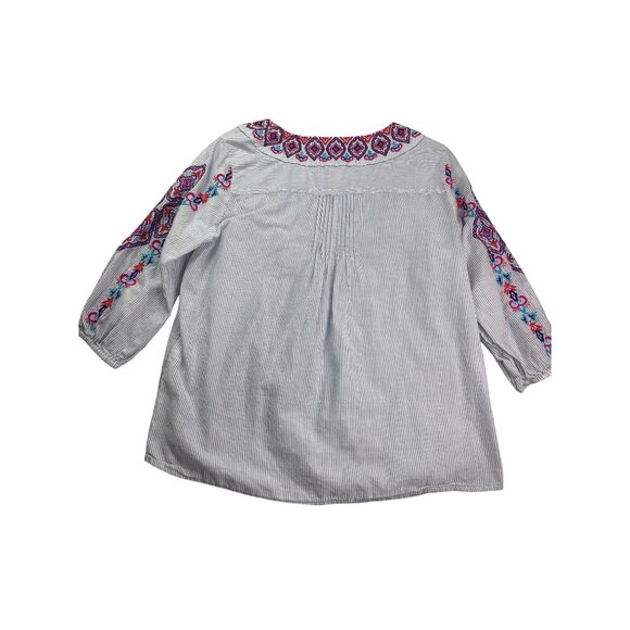 Chico's Womens Boho Embroidered Tassel Tunic Top Size M Petite Pinstripe Cotton - Picture 6 of 11